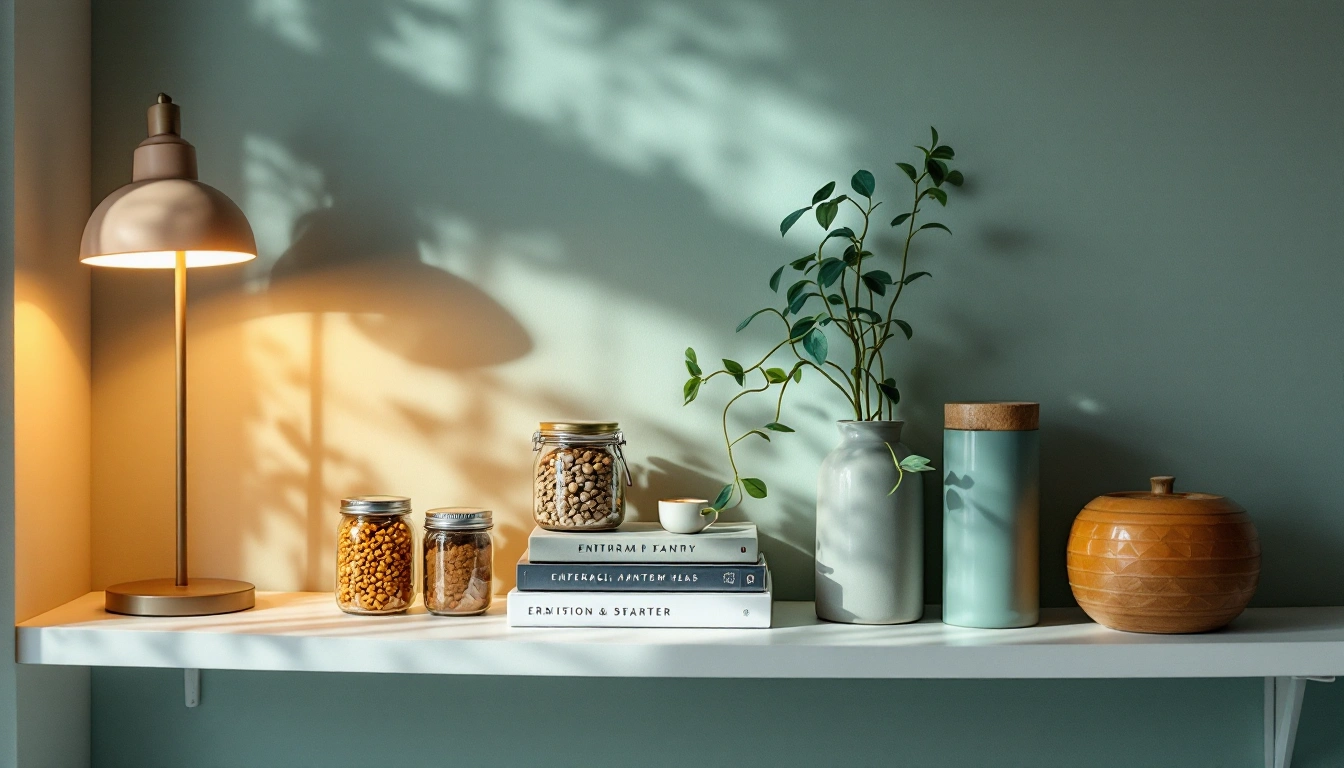 A styled apartment shelf with glass jars, books, a plant, and a warm lamp