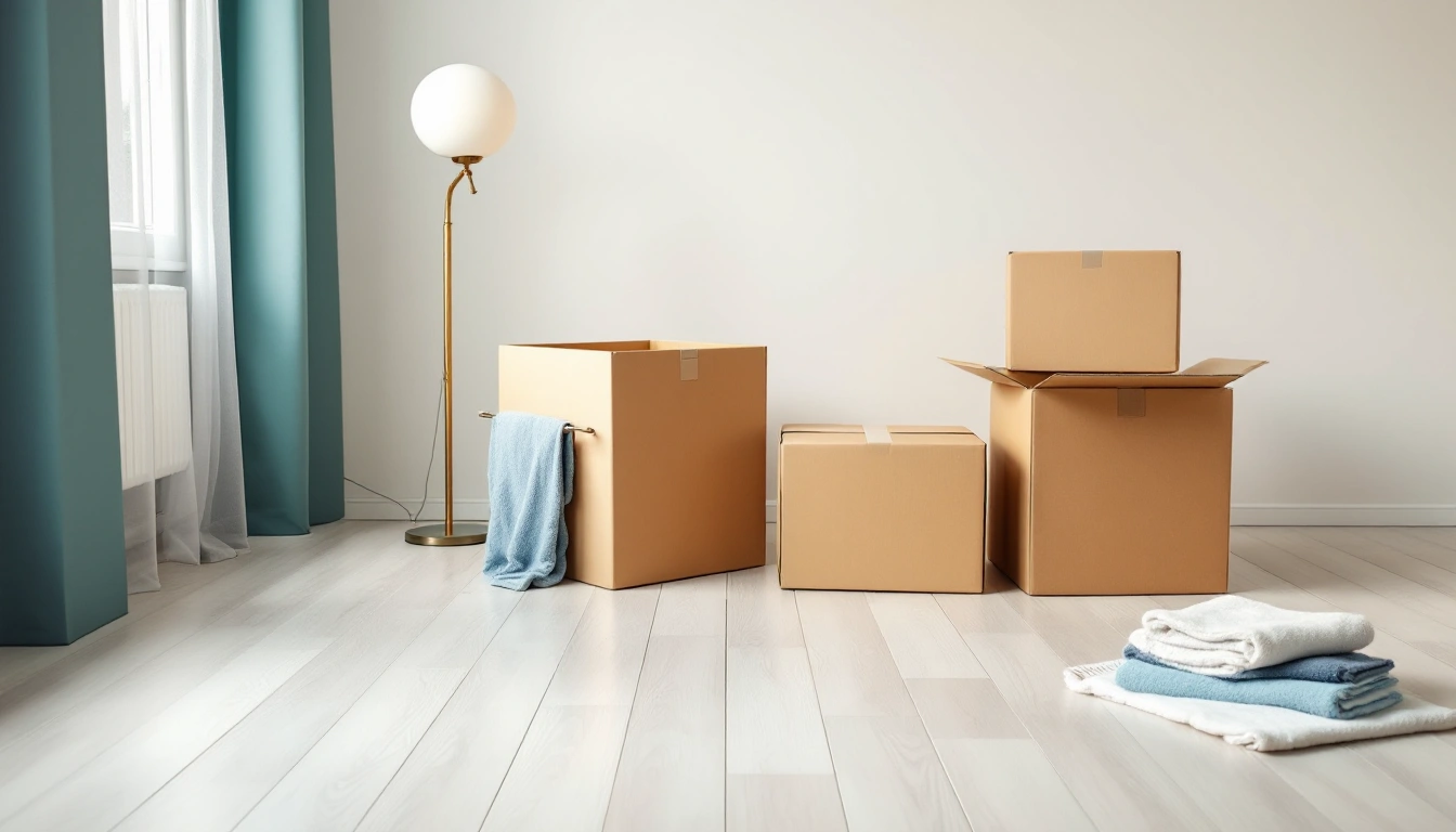 Unopened delivery boxes beside apartment basics laid out on a wooden floor