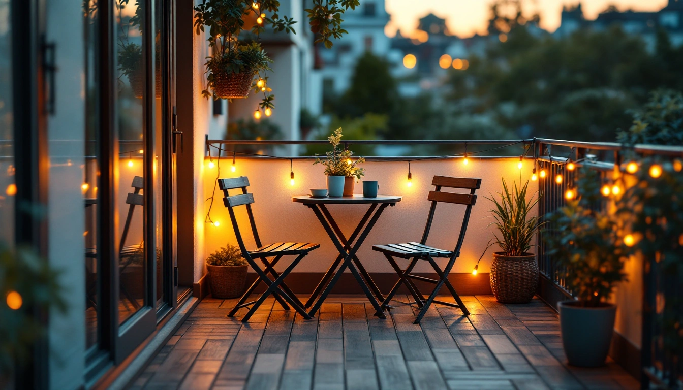 A tiny balcony with interlocking floor tiles, a bistro table, string lights and potted plants