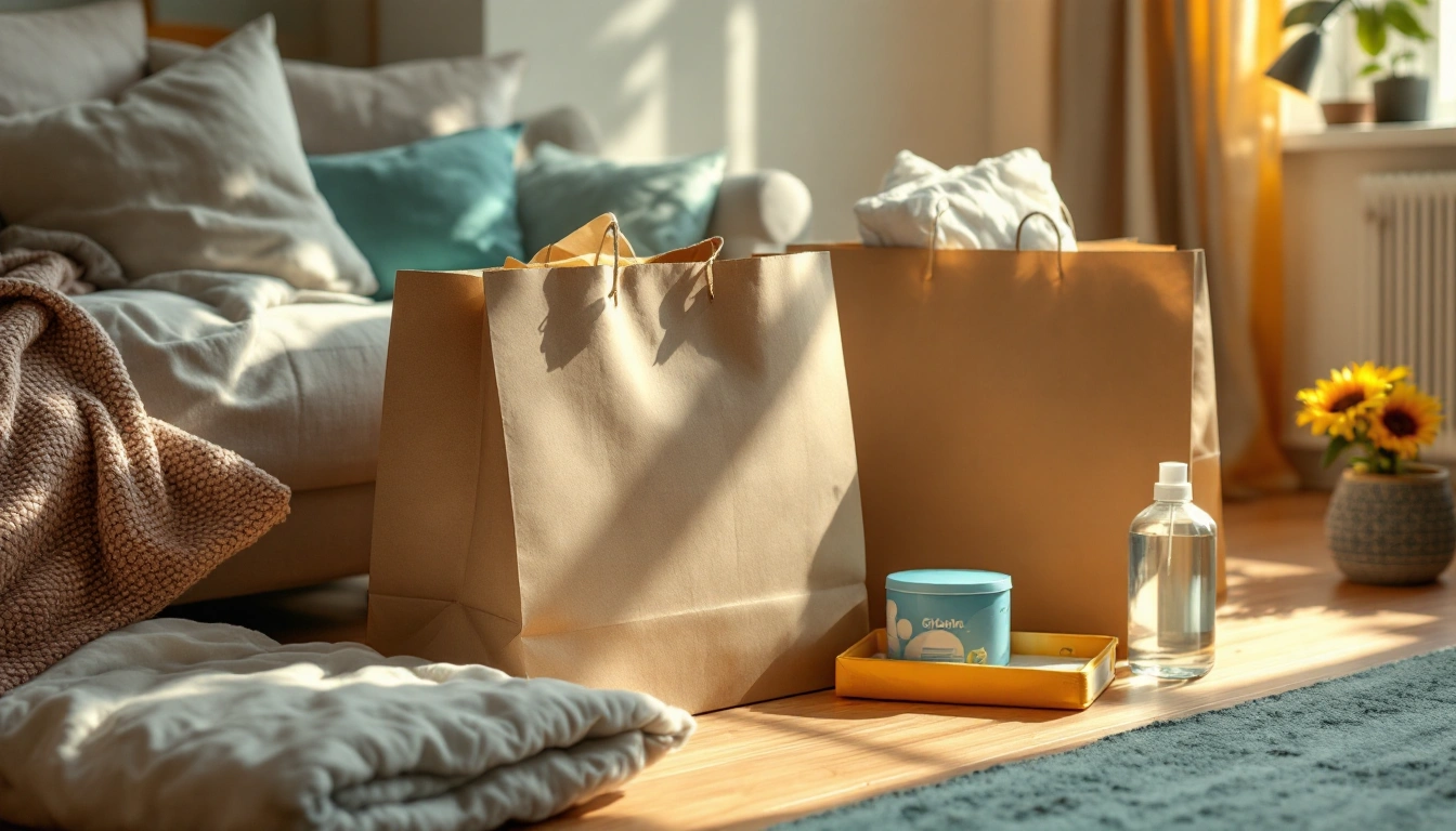 Shopping bags, bedding, cleaning supplies, and a lamp gathered on an apartment floor