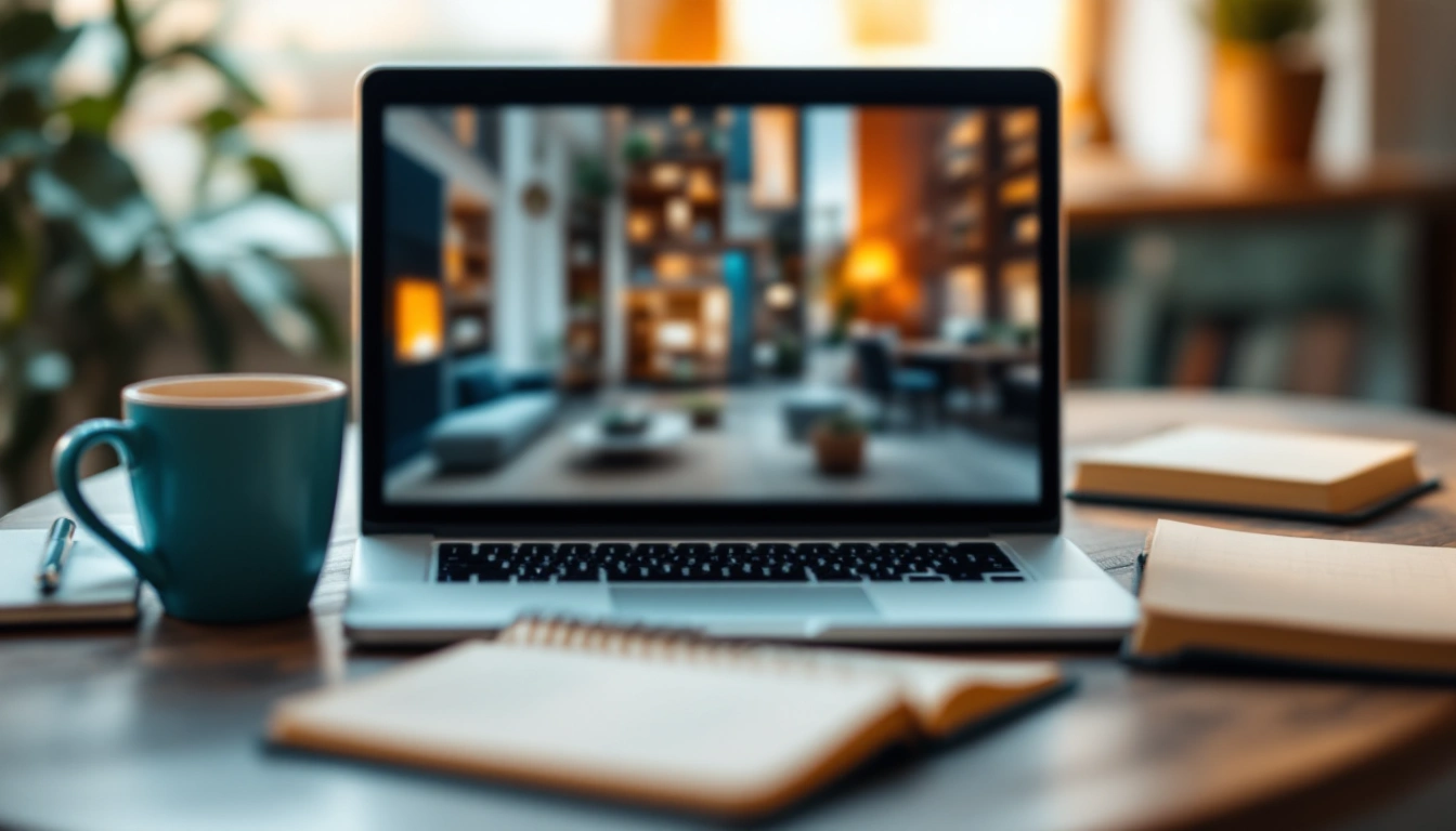 A laptop showing a blurred apartment-listing grid beside a notebook and coffee
