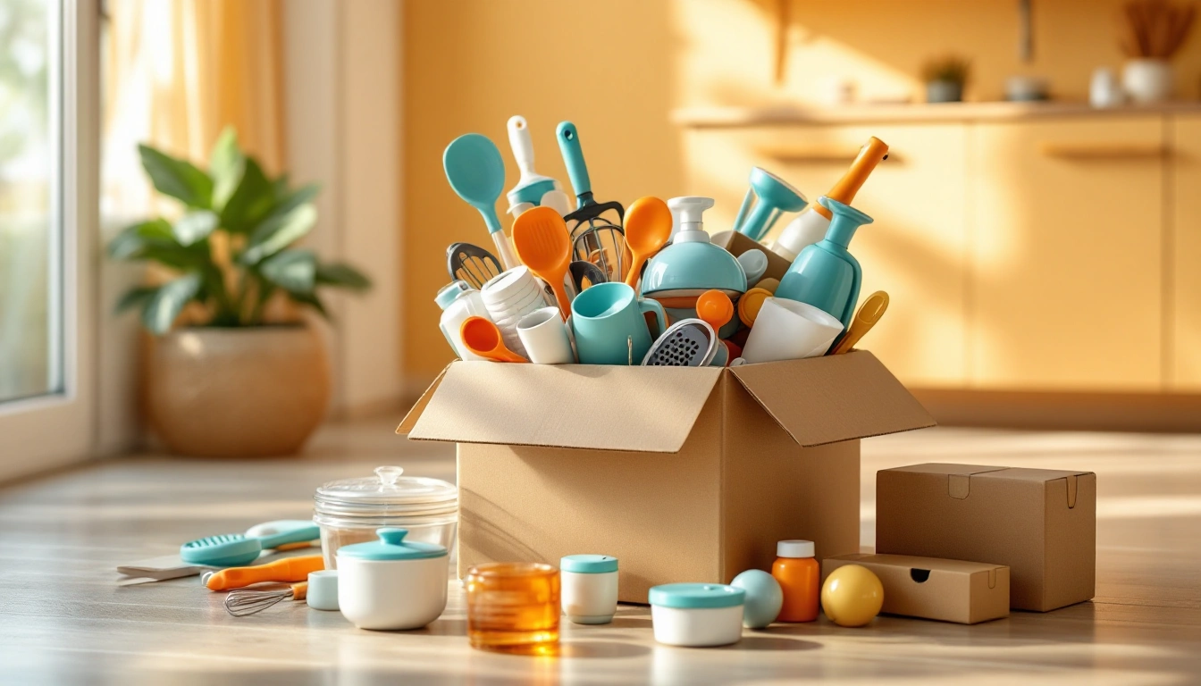 An overfilled moving box with kitchen gadgets spilling out in a bright room