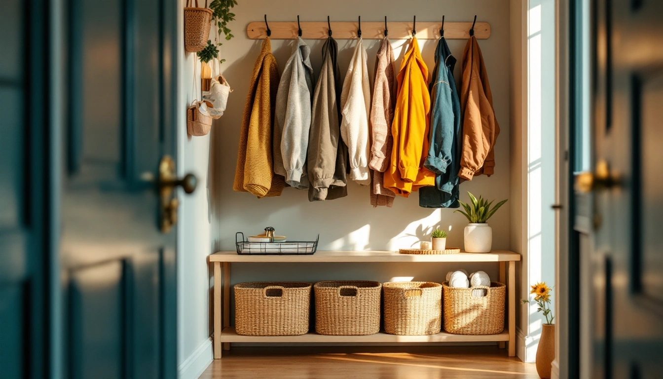 A tidy apartment entry with labelled baskets on a shelf, hooks by the door and a clear floor