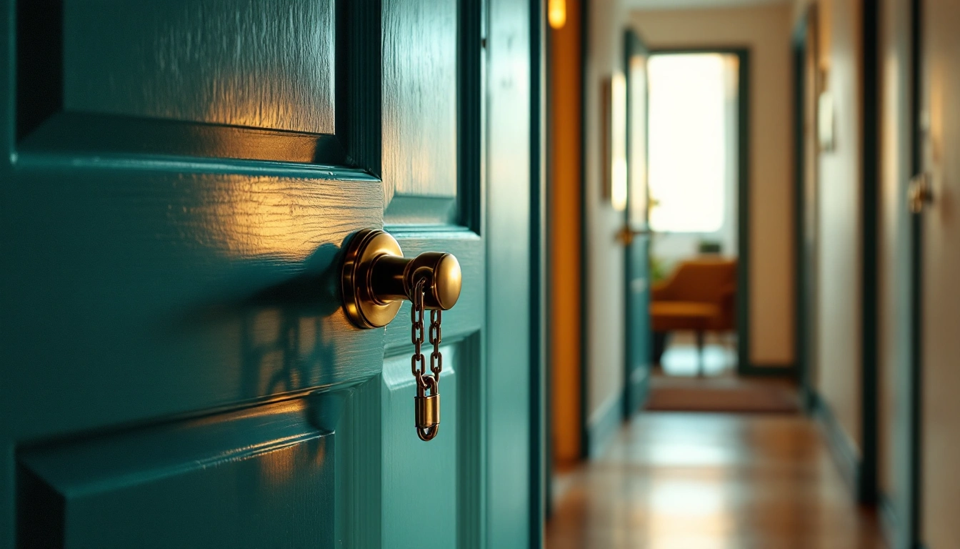 An apartment front door interior with deadbolt and chain lock in warm hallway light
