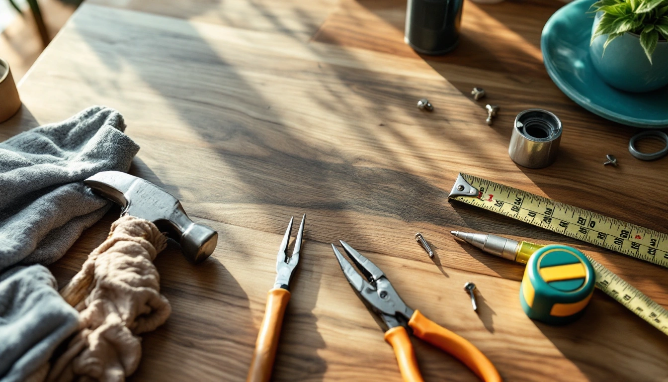 A small tool kit on a wooden table: hammer, screwdrivers, tape measure, level, and pliers