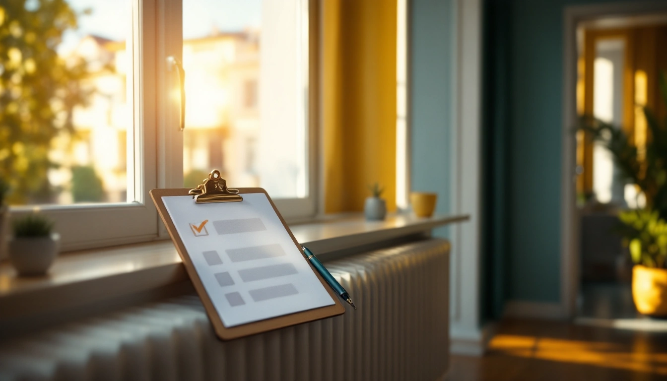 A bright empty apartment room during a viewing, with a clipboard resting on the windowsill