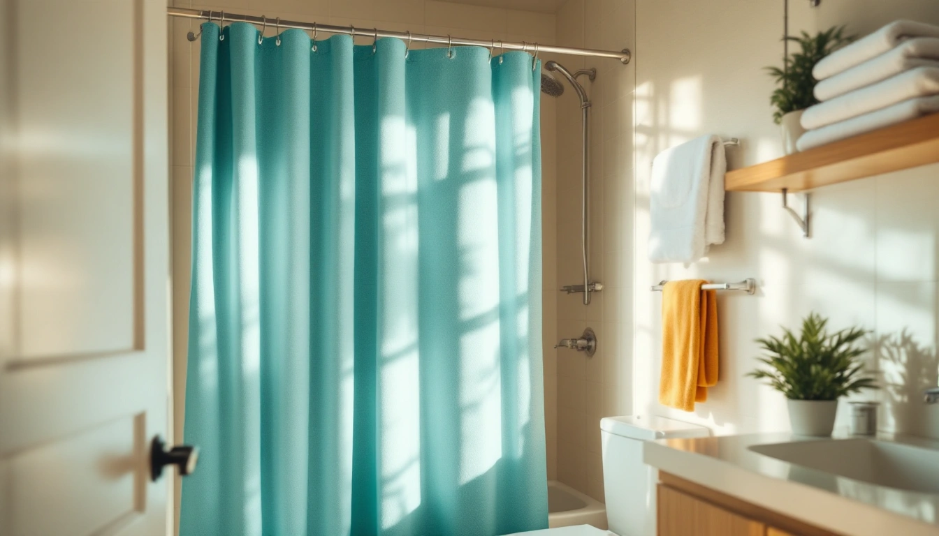 A small bright apartment bathroom with stacked fresh towels, a new shower curtain, and a plant