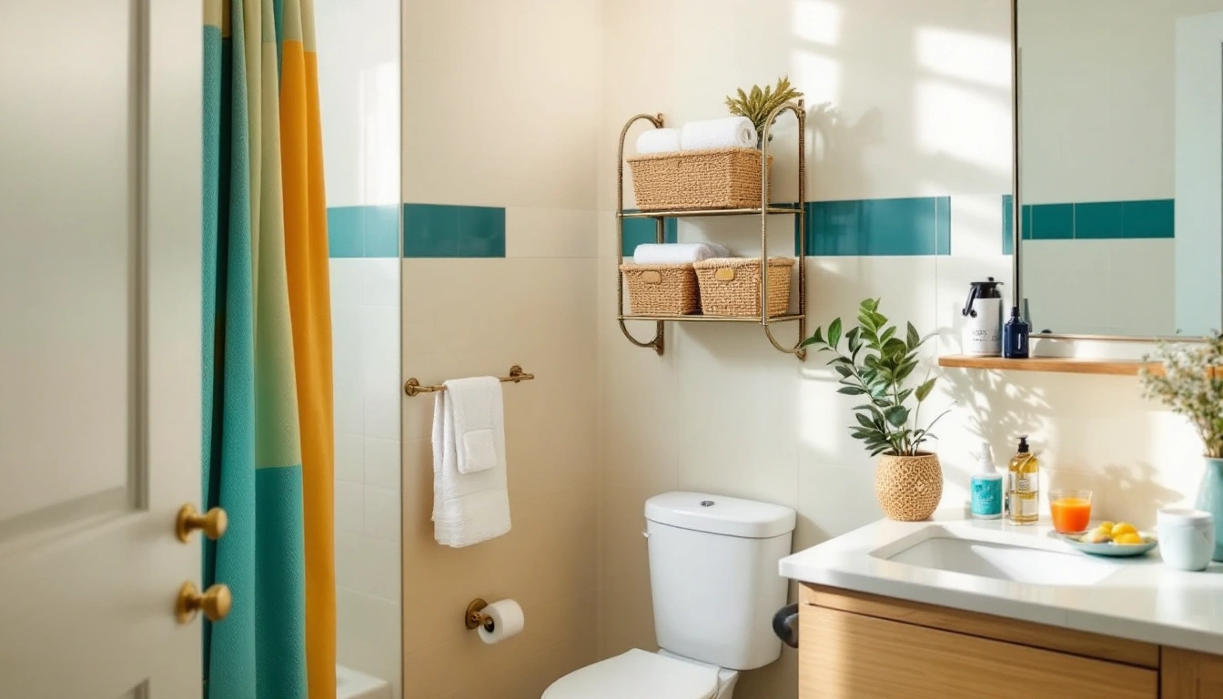 A small bathroom with an over-toilet shelf, a hanging shower caddy and a tidy sink counter
