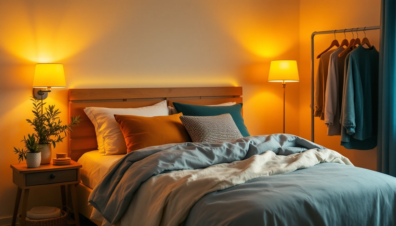 A cozy first bedroom with a neatly made bed, glowing bedside lamp, and a clothing rack