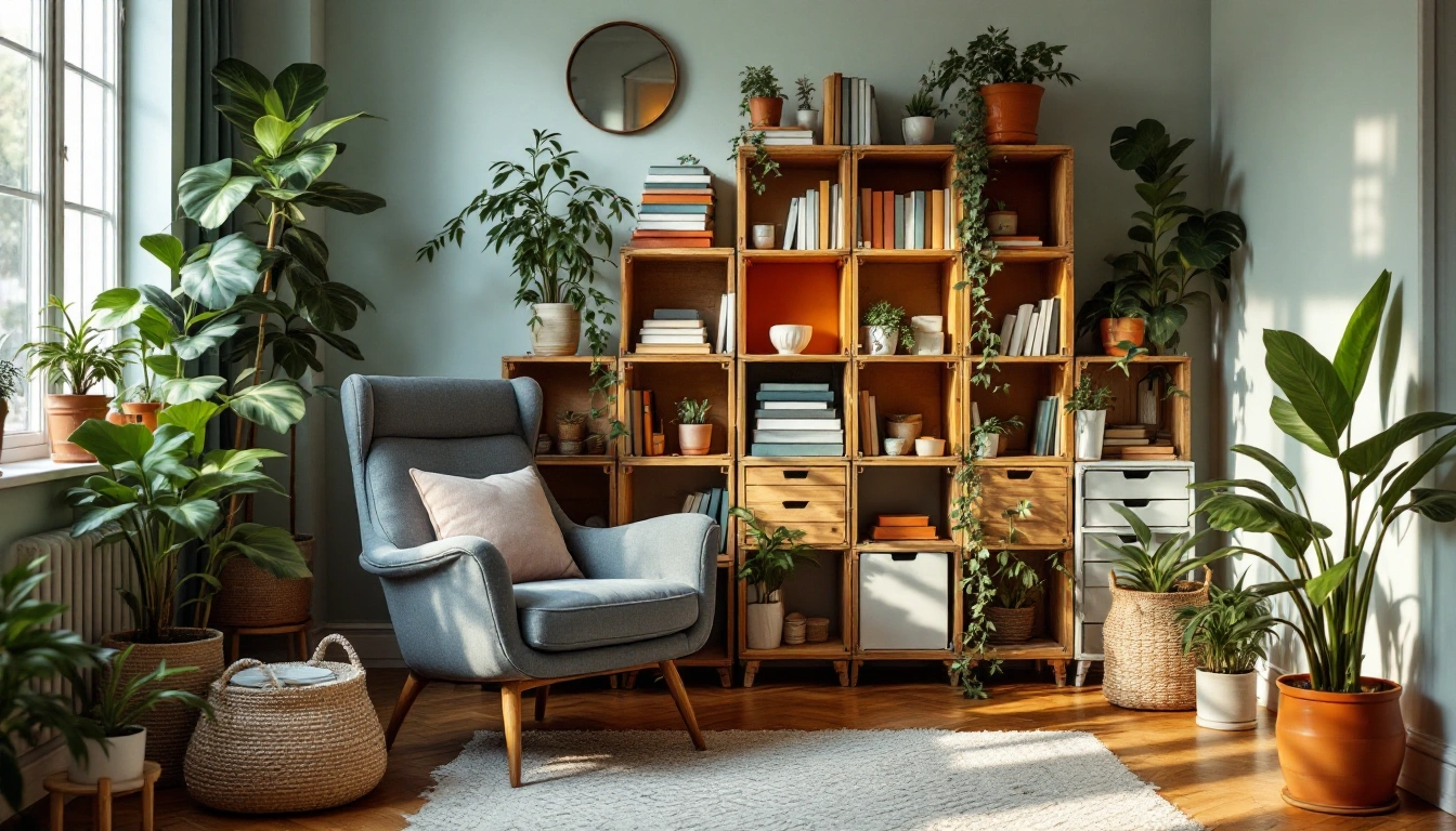 A modest apartment corner furnished with a secondhand armchair, crate shelves, and plants