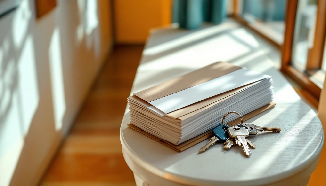 A stack of envelopes and a small parcel on an entry table with keys