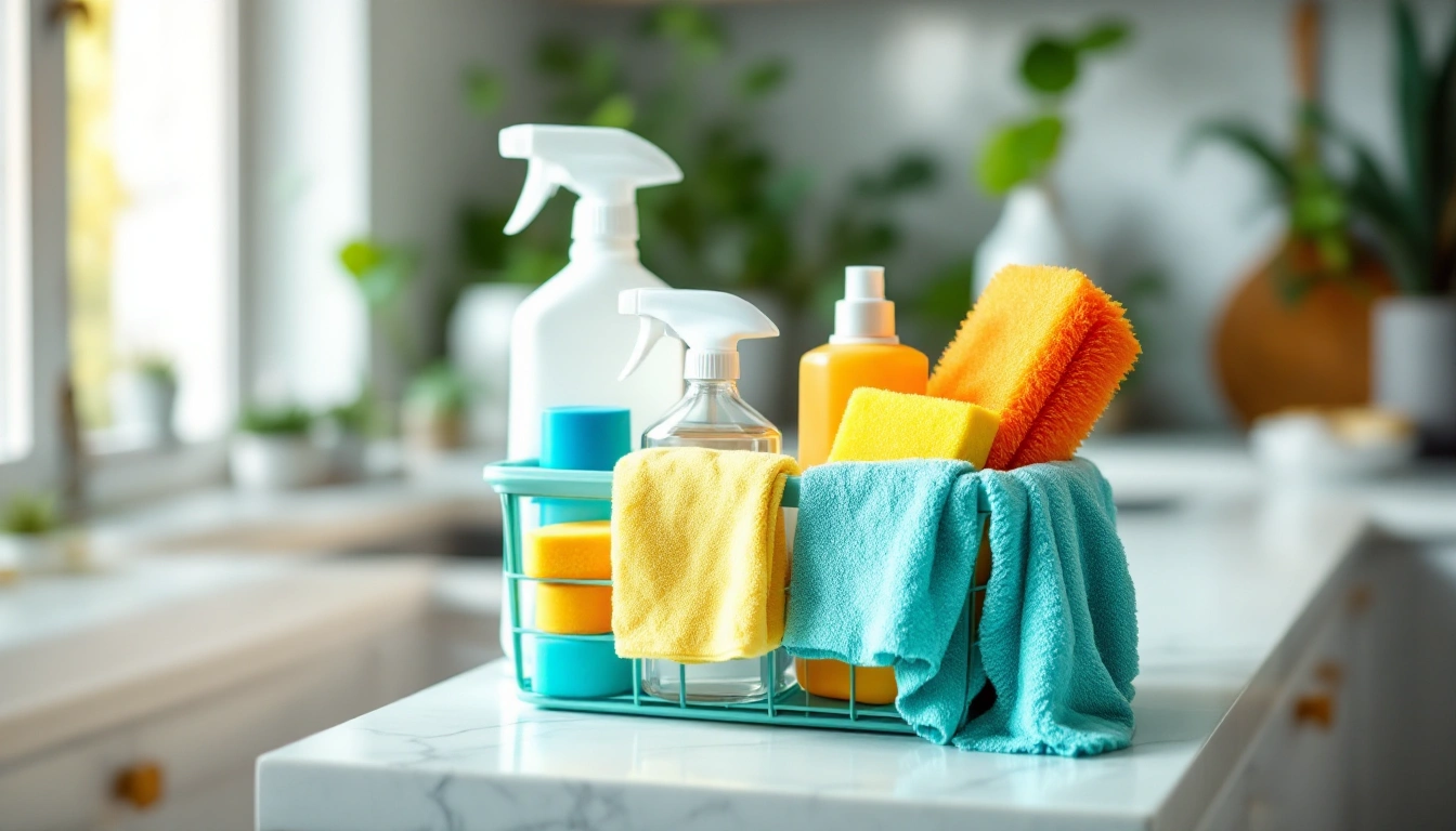 A cleaning caddy with spray bottles, cloths, brush, and sponges on a kitchen counter