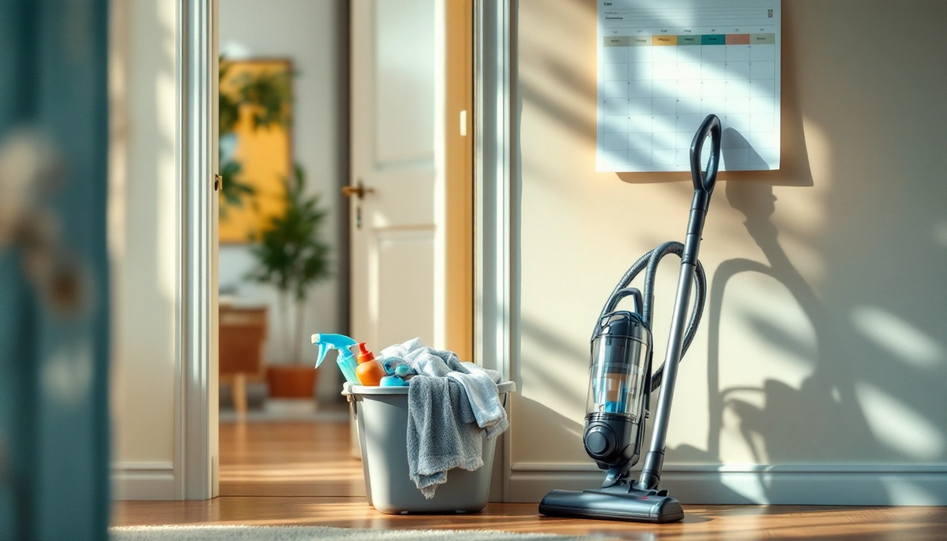 A cleaning caddy and a wall calendar beside a vacuum in a bright apartment doorway