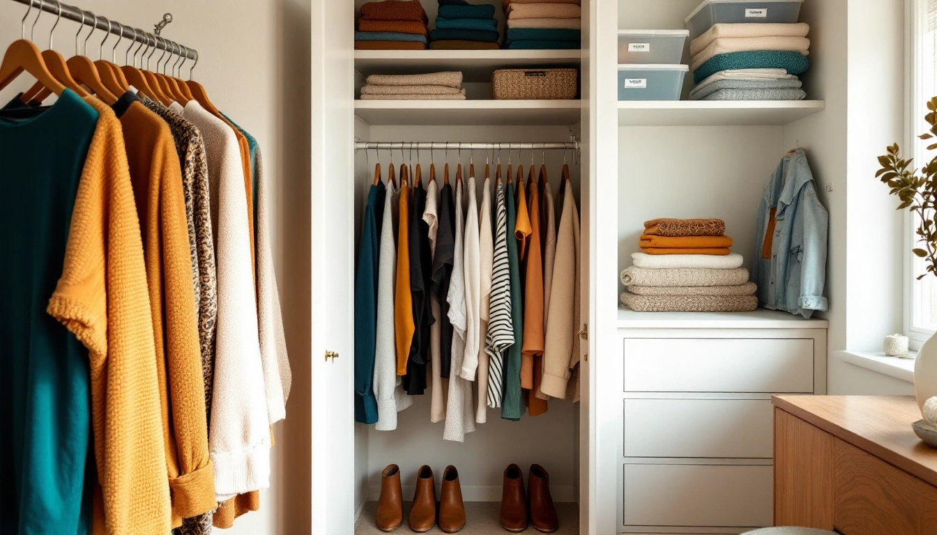 A small rental closet with matching slim hangers, folded stacks and clear bins on the top shelf