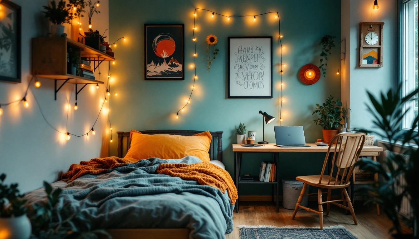 A small student apartment corner with a cozy bed, string lights, and crate shelving