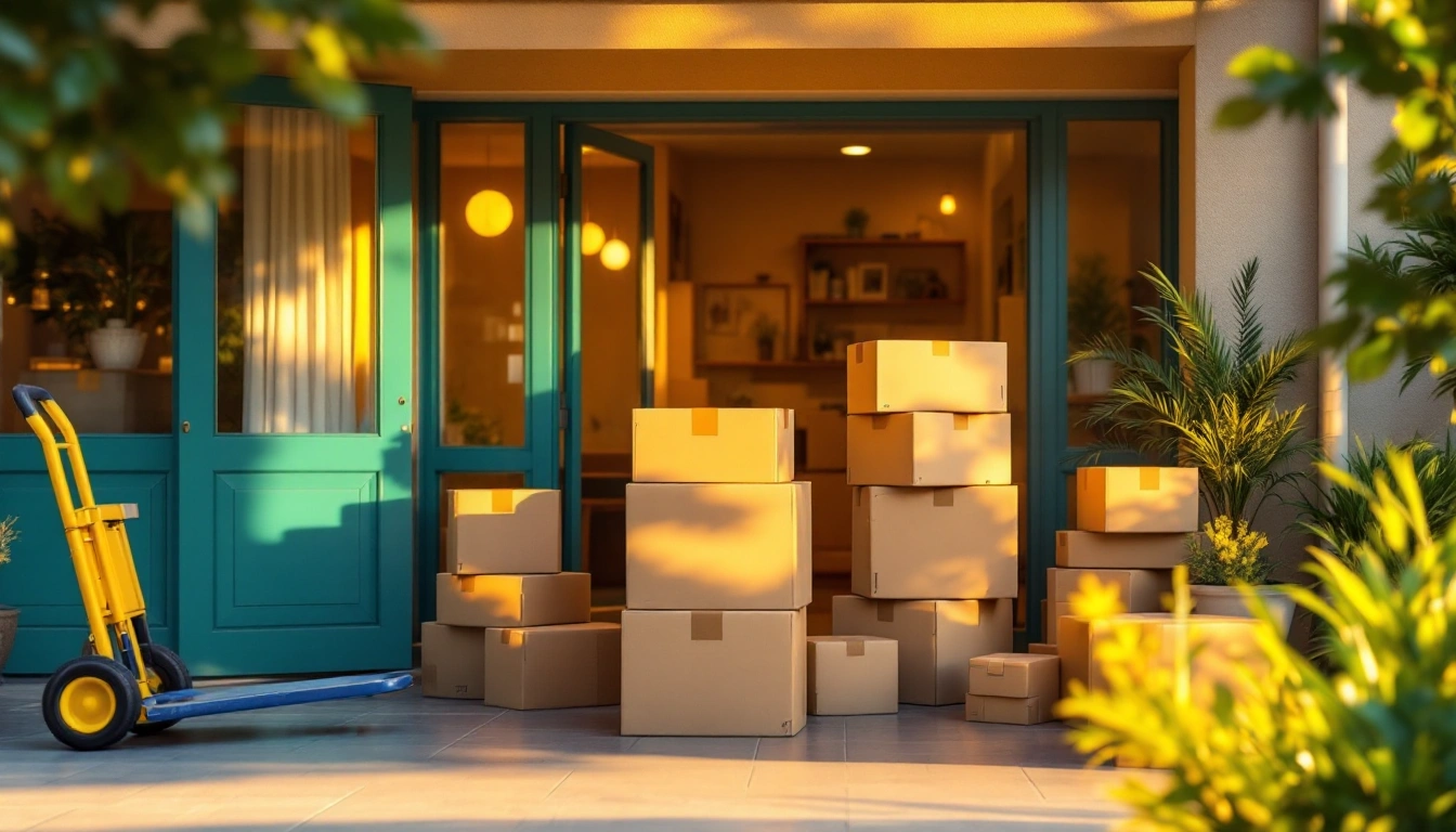 An apartment building entrance with stacked moving boxes and a hand truck in late-summer light
