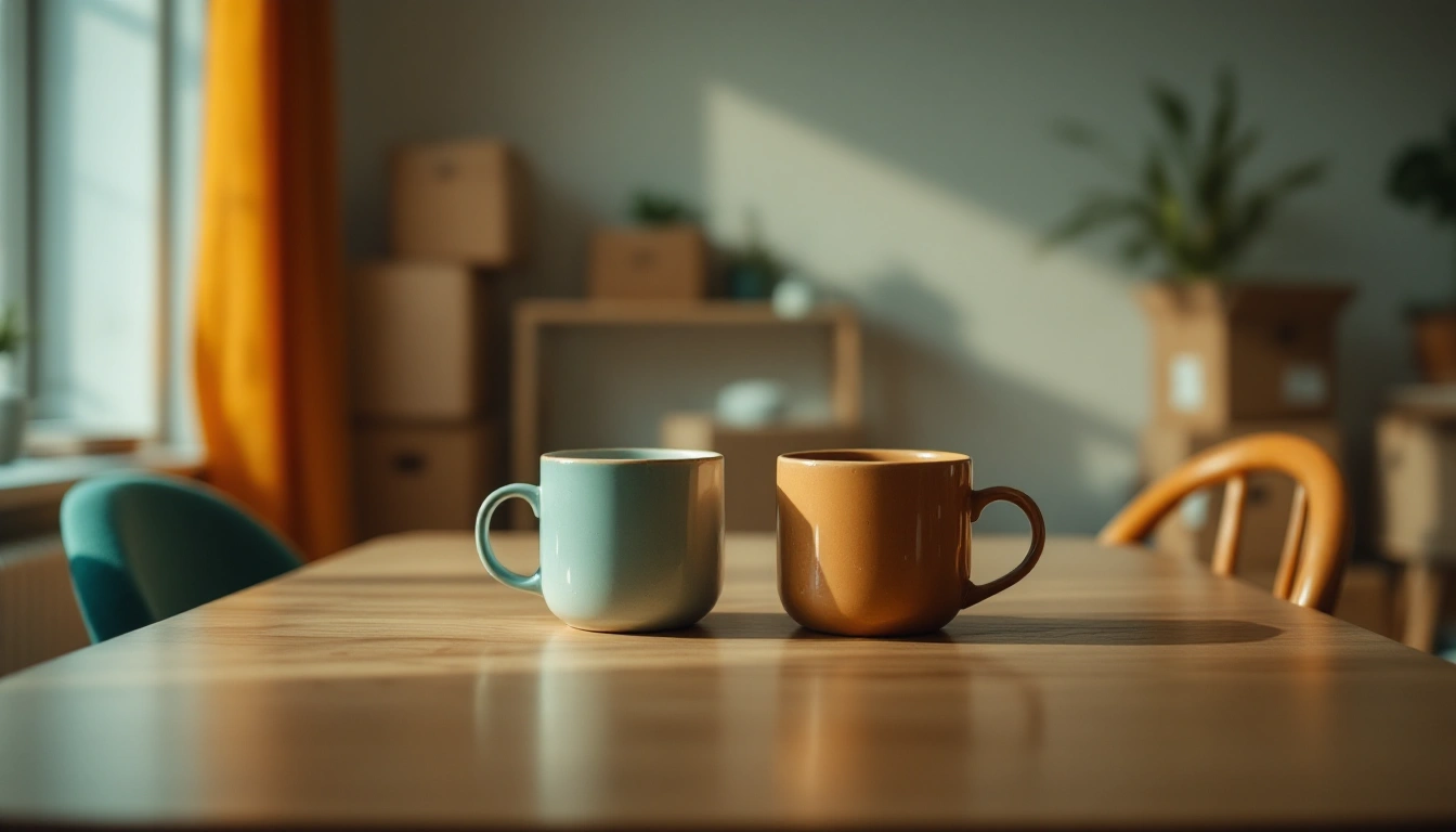 Two sets of belongings being merged in a first apartment: two mugs, two chairs, open boxes