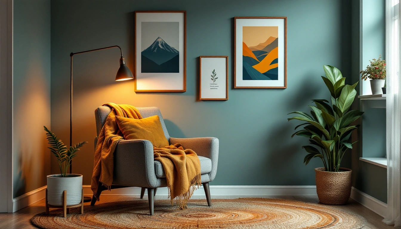 A cozy corner with a warm lamp, throw blanket on a chair, small rug, and plant