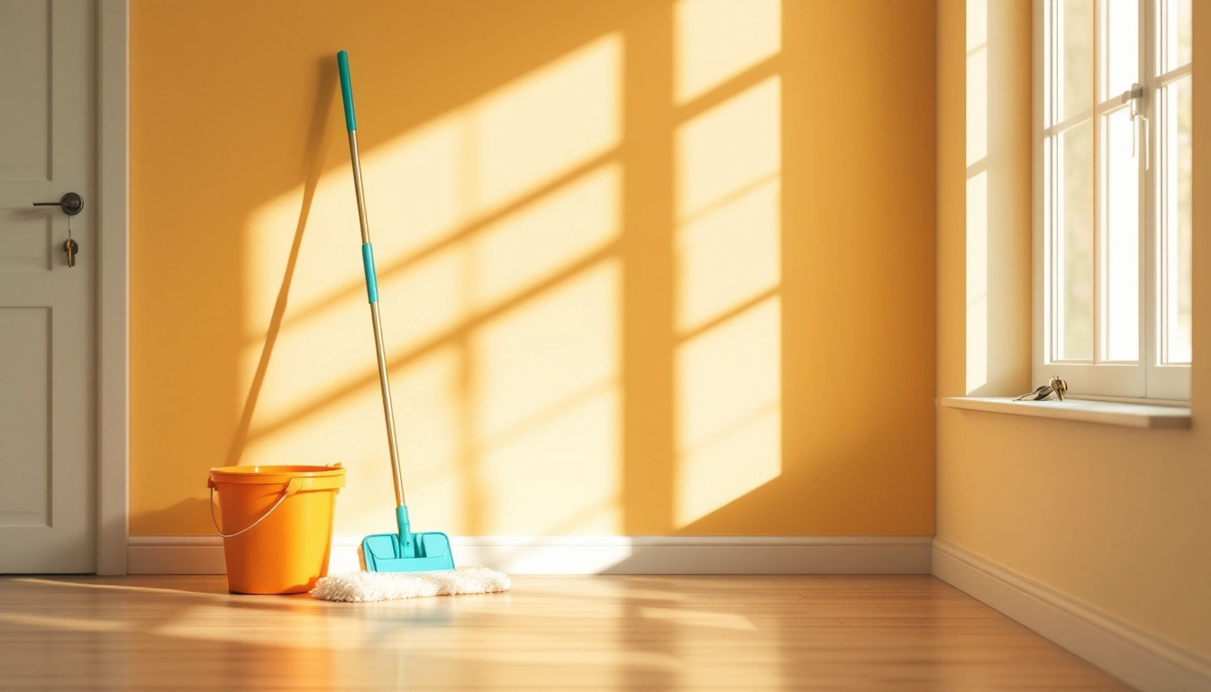 A freshly cleaned empty apartment with a mop bucket and keys on the windowsill