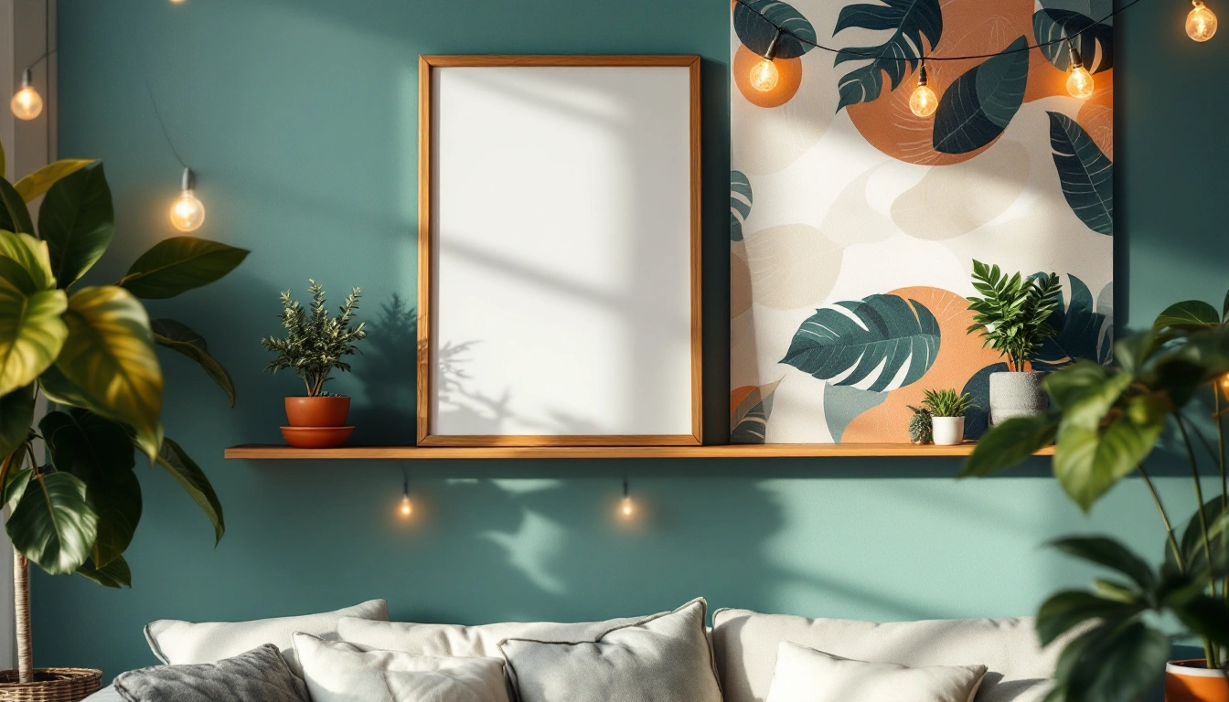 A rental wall with leaning framed art, removable wallpaper, string lights, and plants