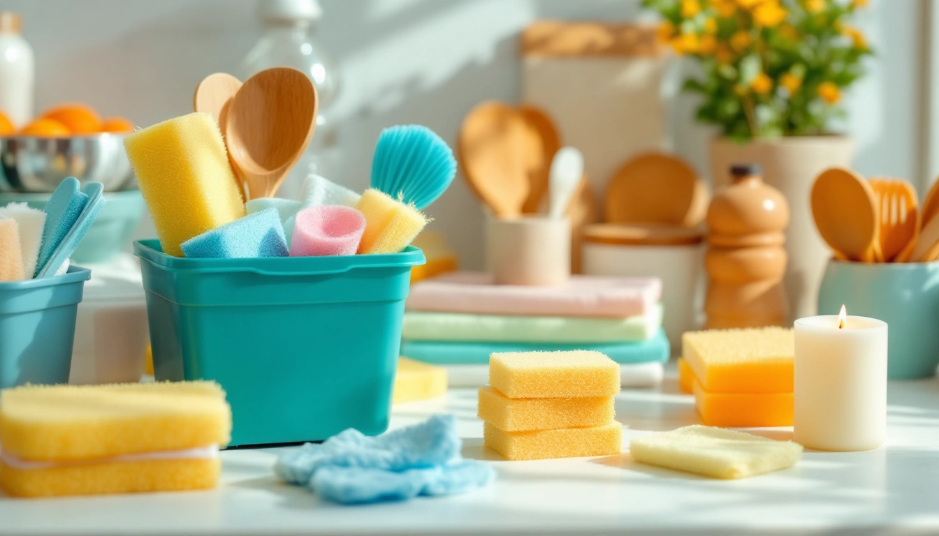 Inexpensive household basics on a table: sponges, organizers, utensils, and candles