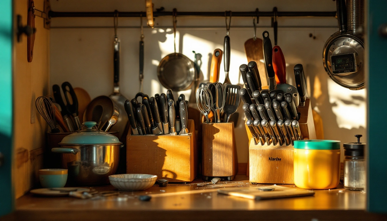 Unused kitchen gadgets and a knife block pushed into a dusty cupboard corner