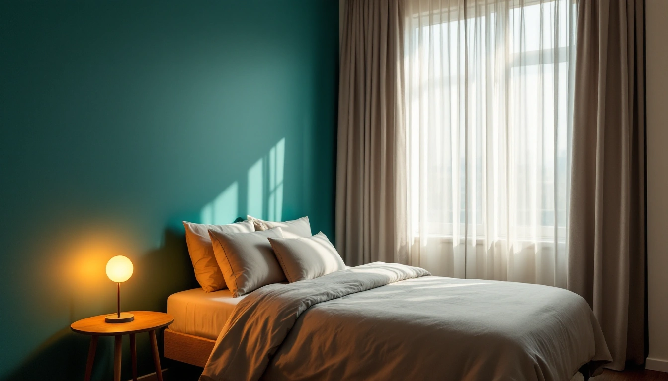 A small rental bedroom with a neatly made bed, one bedside lamp and curtains hung high