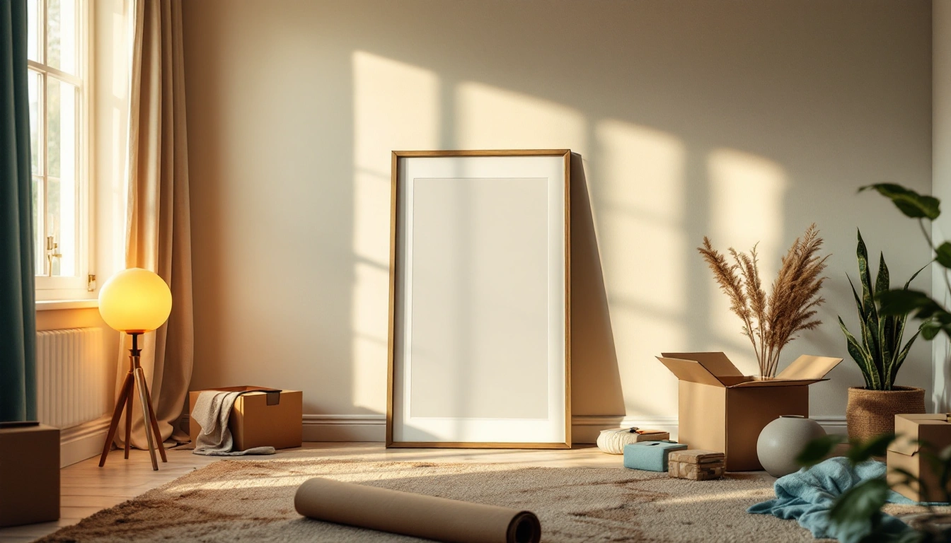 A half-decorated first apartment with a lit lamp, one leaning framed print and a rolled rug