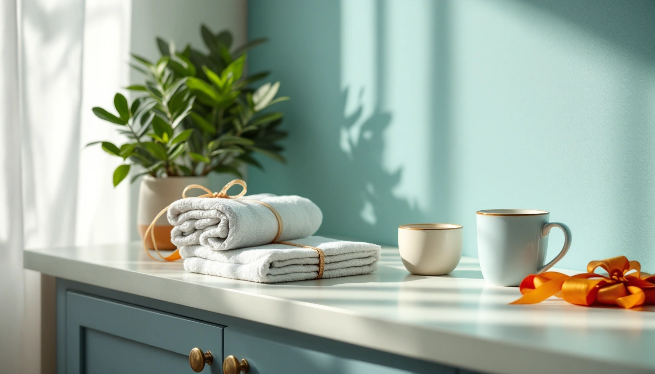 A first-apartment gift basket on a kitchen counter: tea towels, a candle, a small plant and a mug
