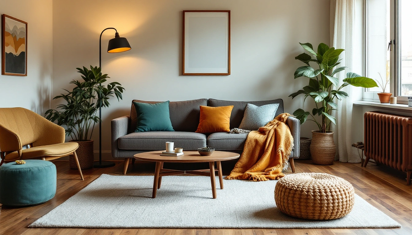 A small living room with a secondhand sofa, a large rug and a floor lamp