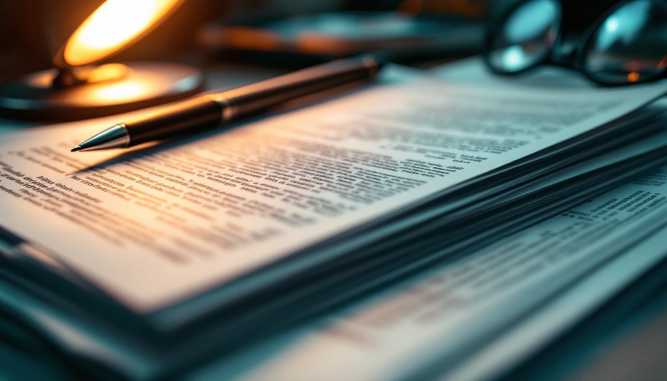 A thick paper document with a pen on top under warm desk-lamp light