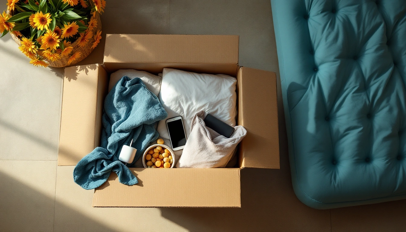 An opened box with sheets, towel, charger, and snacks beside an air mattress