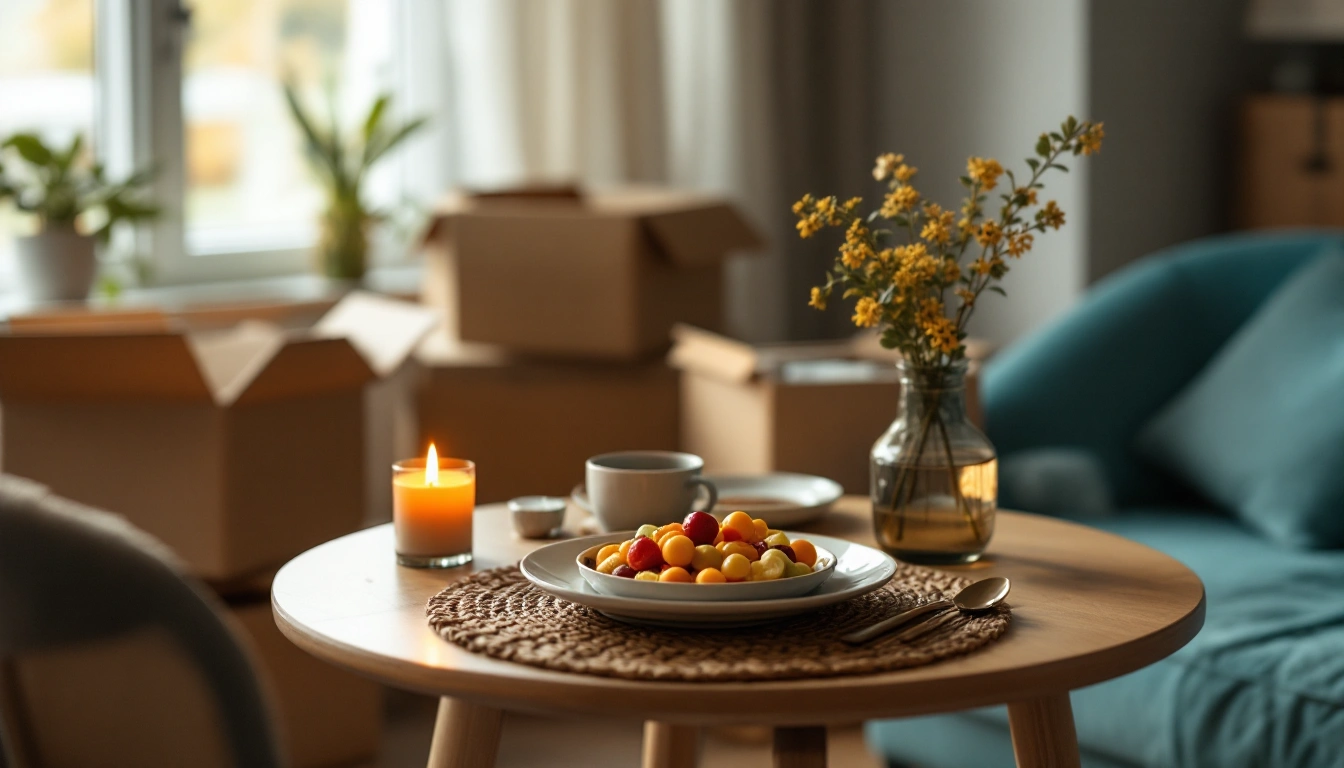 A small table set for a simple first dinner with a candle, unpacked boxes softly behind