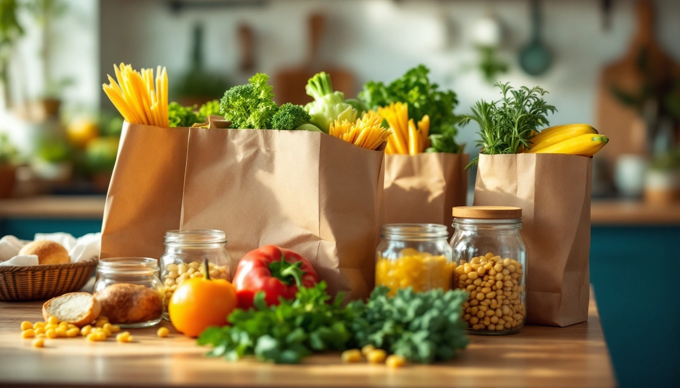 Fresh groceries being unpacked from paper bags on a bright kitchen counter