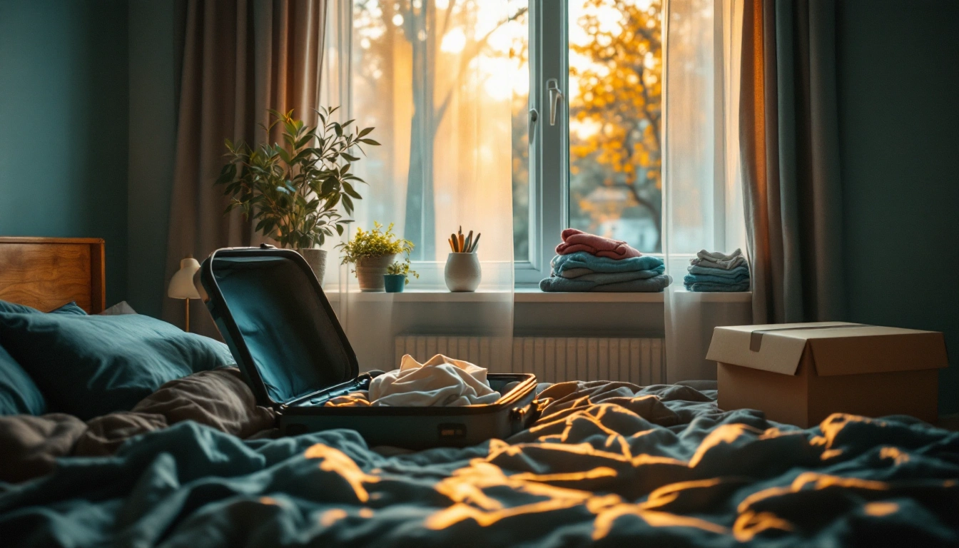 A bedroom mid-packing: open suitcase on the bed and moving boxes in warm evening light