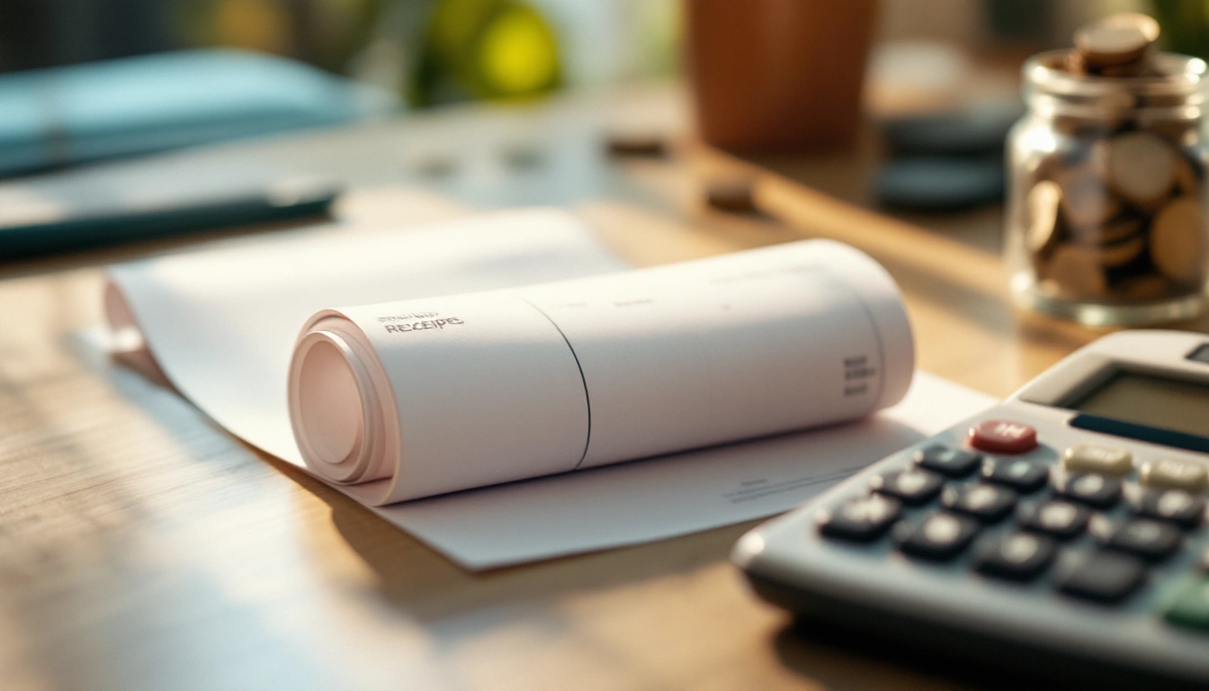 A curled receipt stack, coin jar, and calculator on a desk in soft light