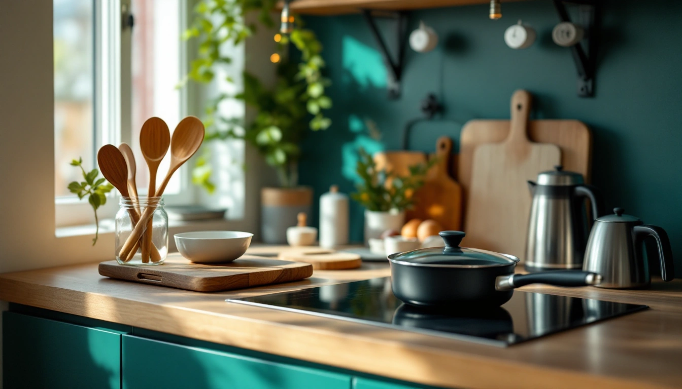 A compact apartment kitchen counter with a skillet, saucepan, utensils, cutting board, and kettle