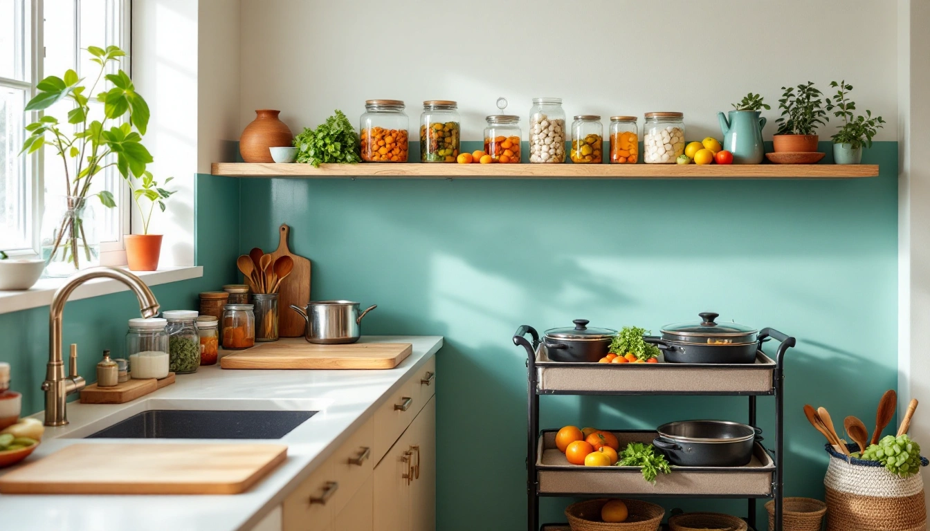 A compact rental kitchen with a clear counter, a rolling cart and jars on an open shelf