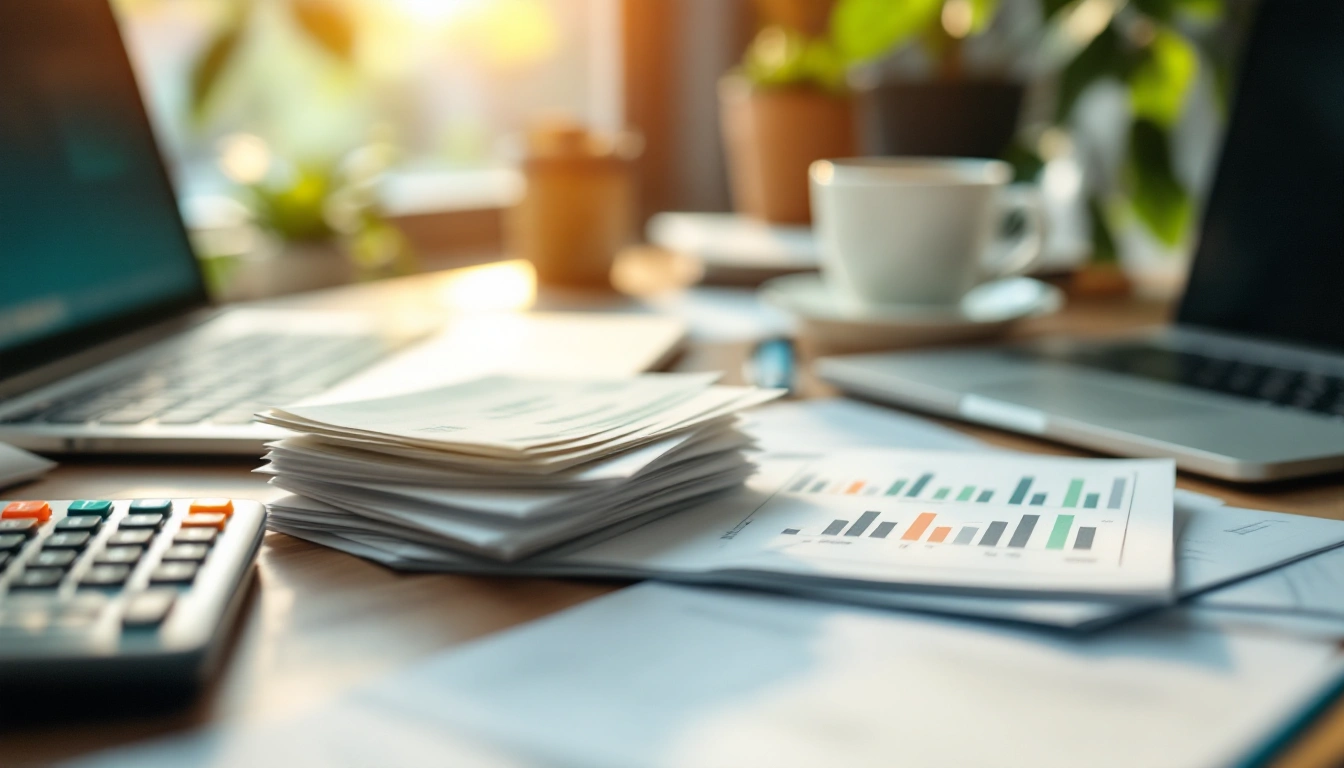 A desk with a laptop, coffee, a neat stack of bills, and a calculator in morning light