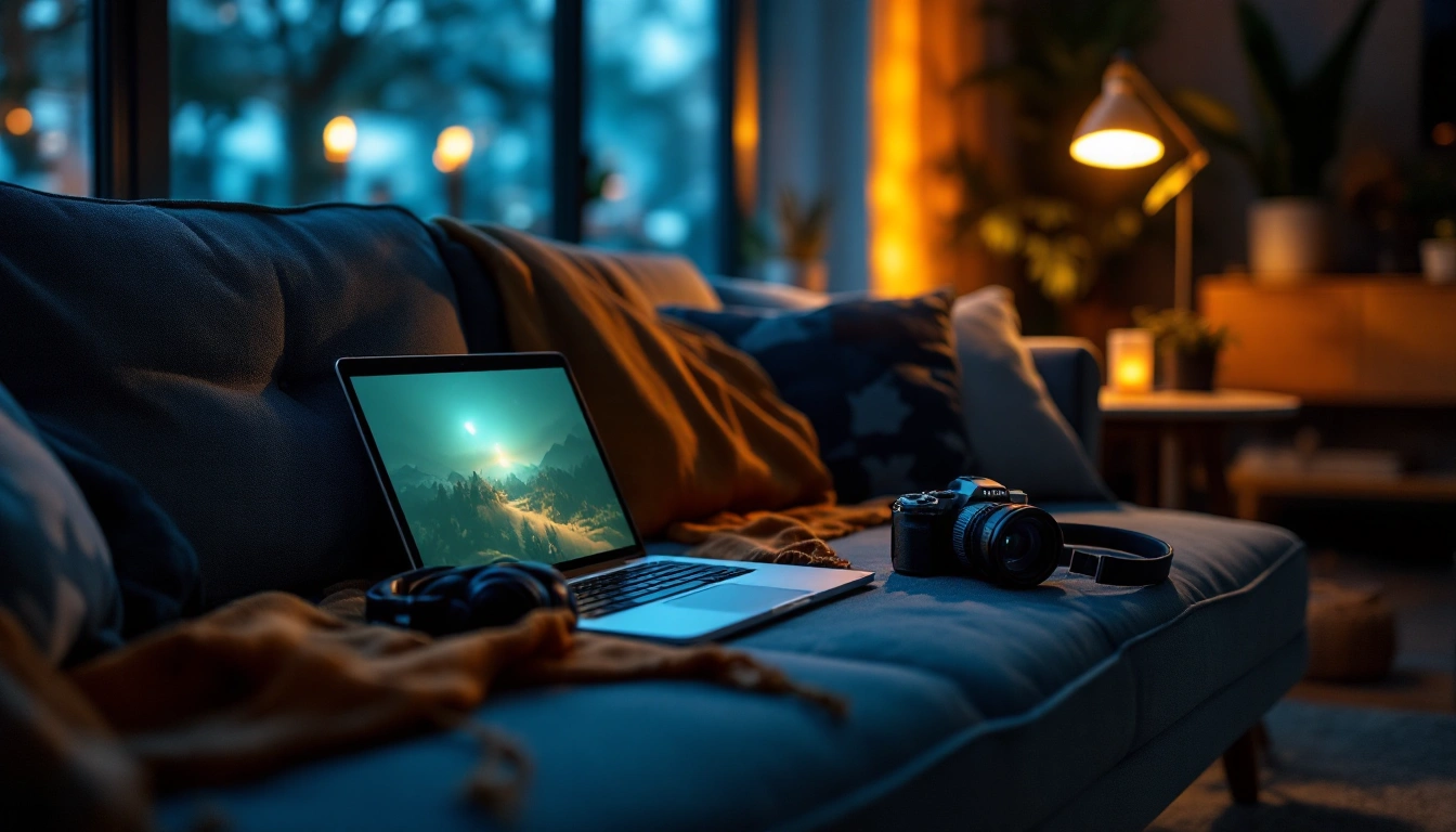 A cozy living room with a laptop, camera, and headphones on the couch — belongings worth protecting