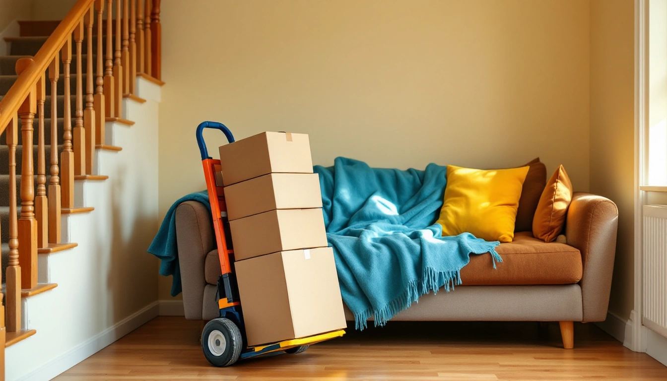 A furniture dolly loaded with boxes beside a blanket-wrapped couch in a stairwell