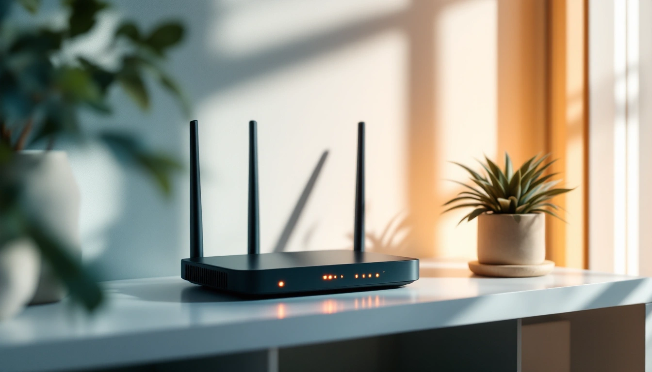 A modern wifi router with glowing lights on a media shelf beside a plant