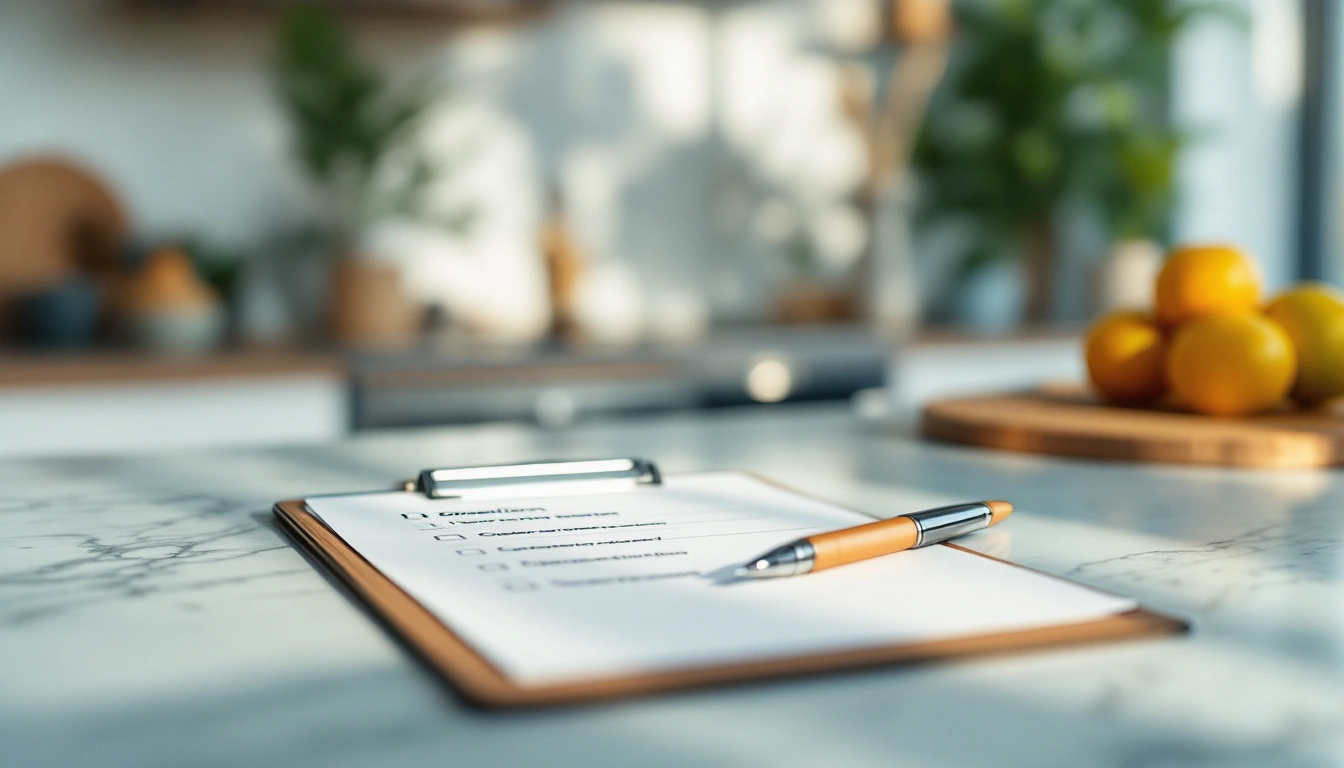 A clipboard with a blurred question list and pen on a counter in an empty apartment