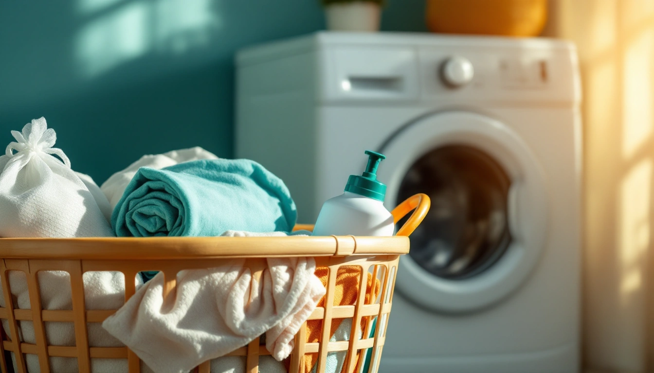 A laundry basket with folded clothes, detergent, and mesh bags beside an apartment washer