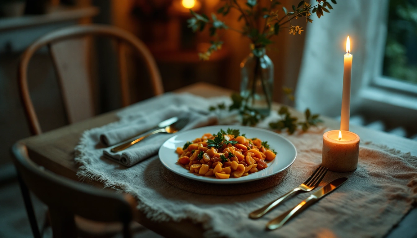 A single place setting at a small table with a candle and one chair, peaceful evening
