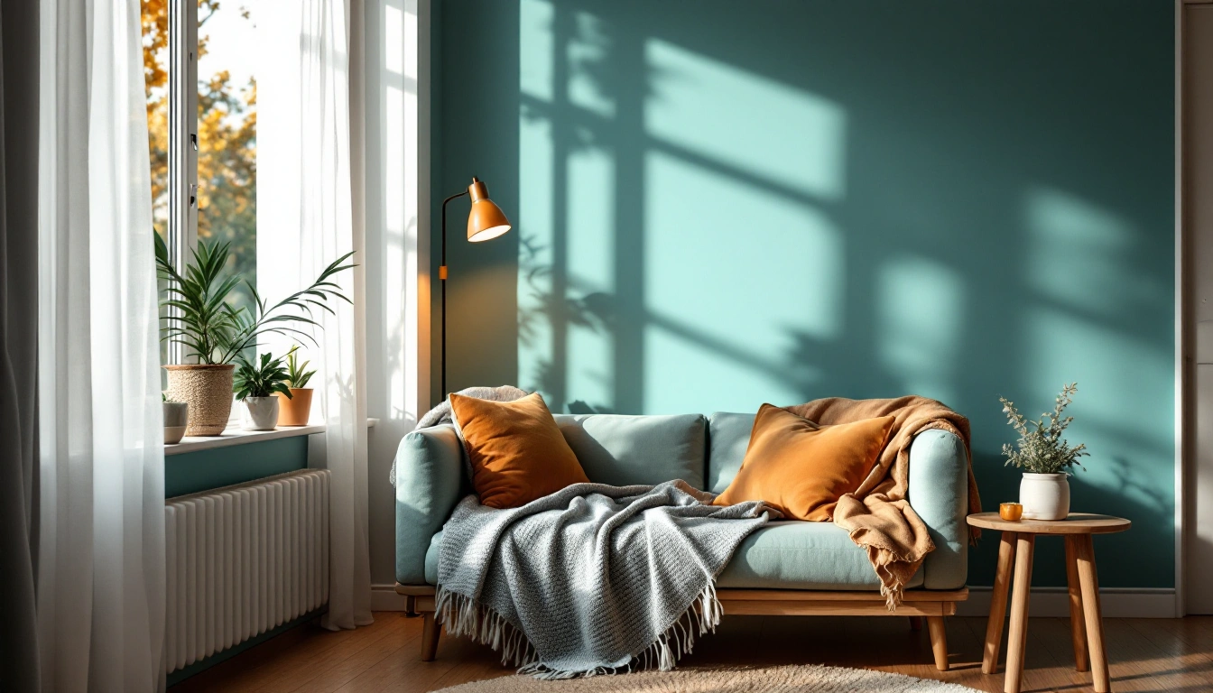 A modest cozy living room with a small sofa, throw blanket, floor lamp, and side table