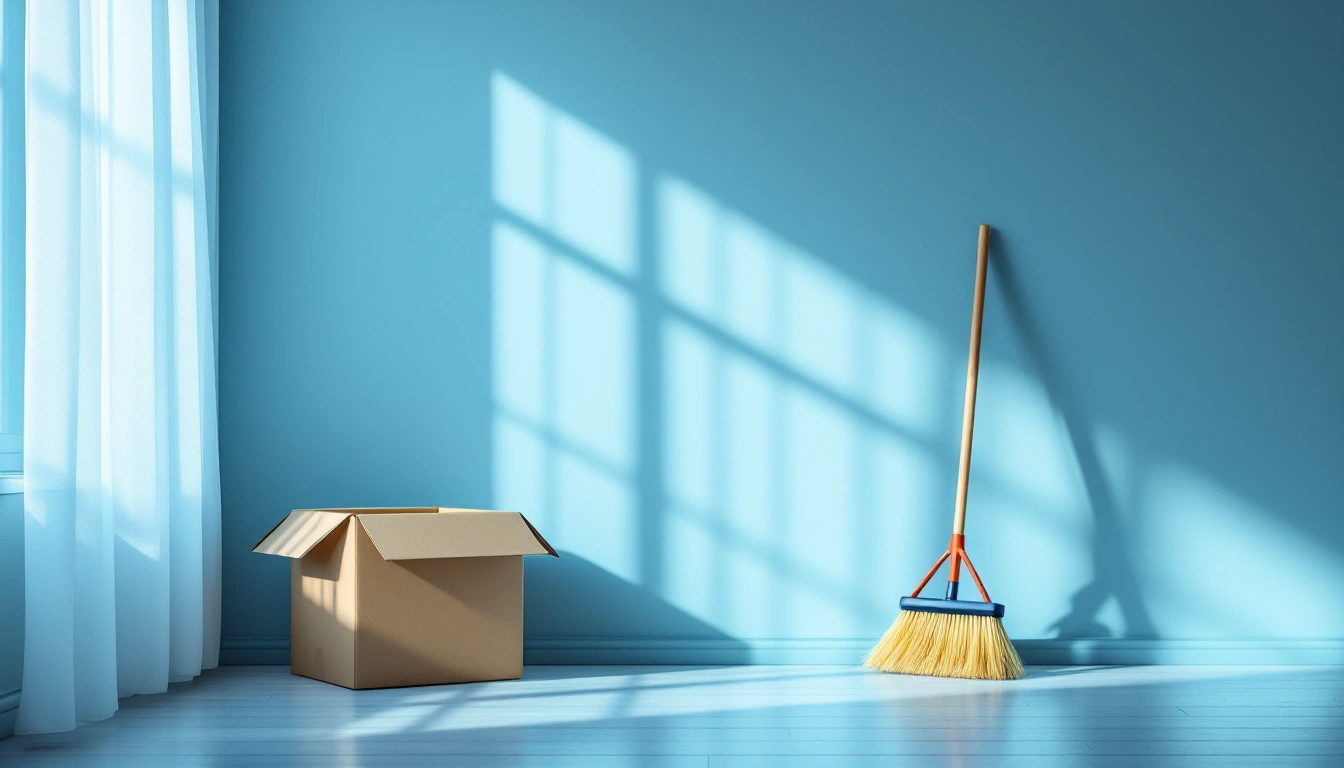 A bare, freshly cleaned apartment room in morning light with one opened box and a broom