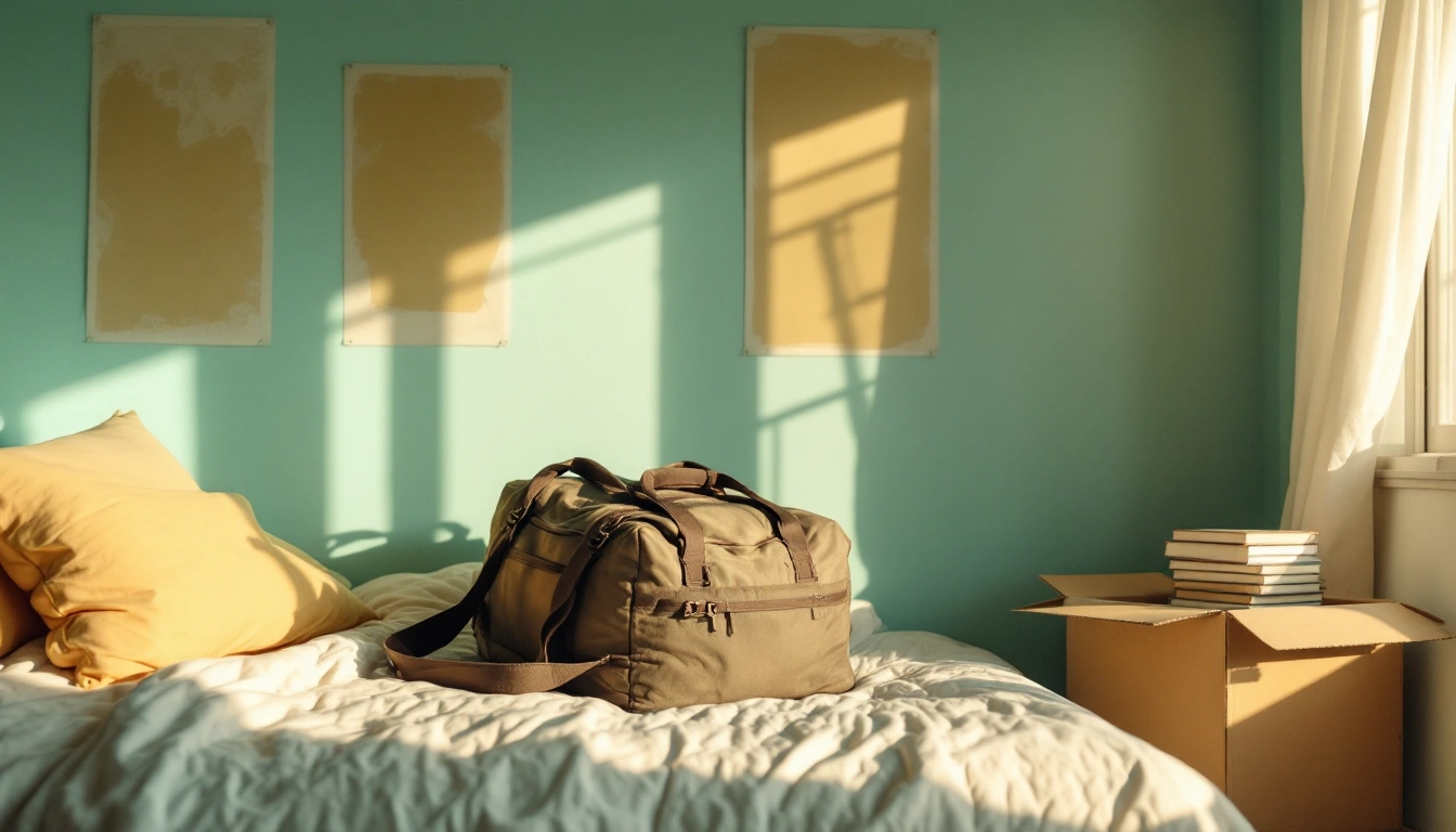 A young person's bedroom with a packed duffel bag and a box of books in morning light