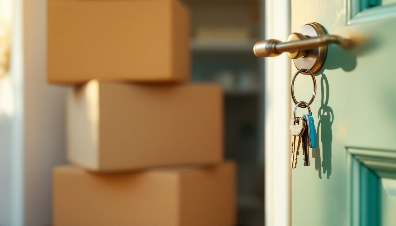 Tidy stack of moving boxes by an apartment front door with keys in the lock