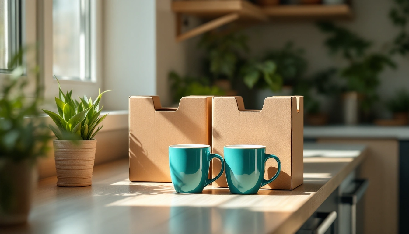 A bright kitchen counter with two sets of moving boxes and two mugs side by side